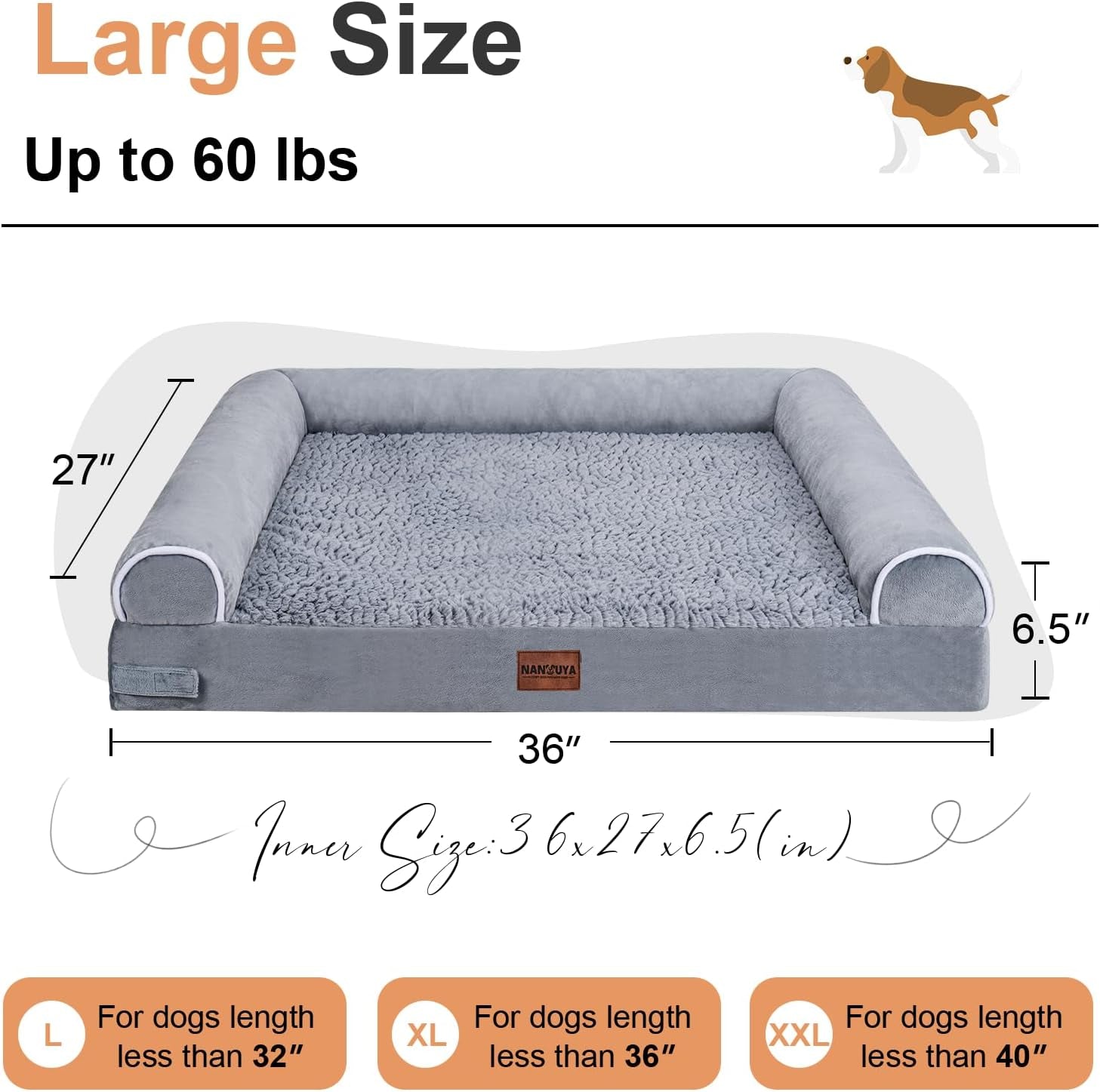 Large Dog Bed Orthopedic Washable: Beds Bolster XL Bed Big Xlarge Dogs Memory Foam Sofa Couch Waterproof Removable Cover