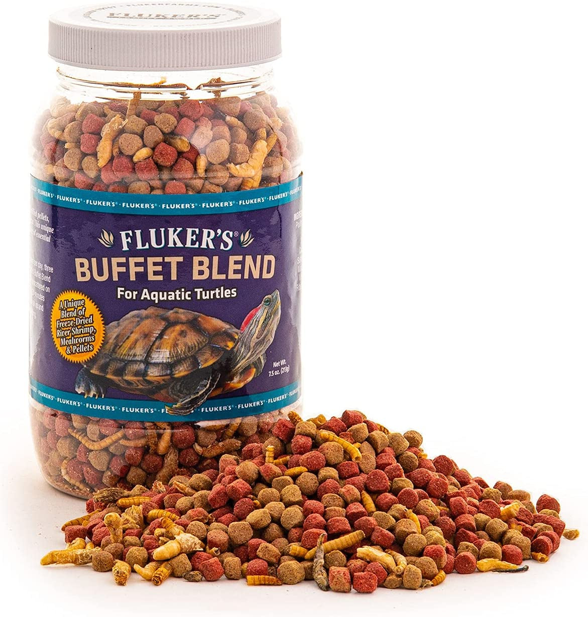 Fluker's Buffet Blend Aquatic Formula, Turtle Food with Freeze, Dried Shrimp, Mealworms, and Vitamin Enriched Pellets, 7.5 oz