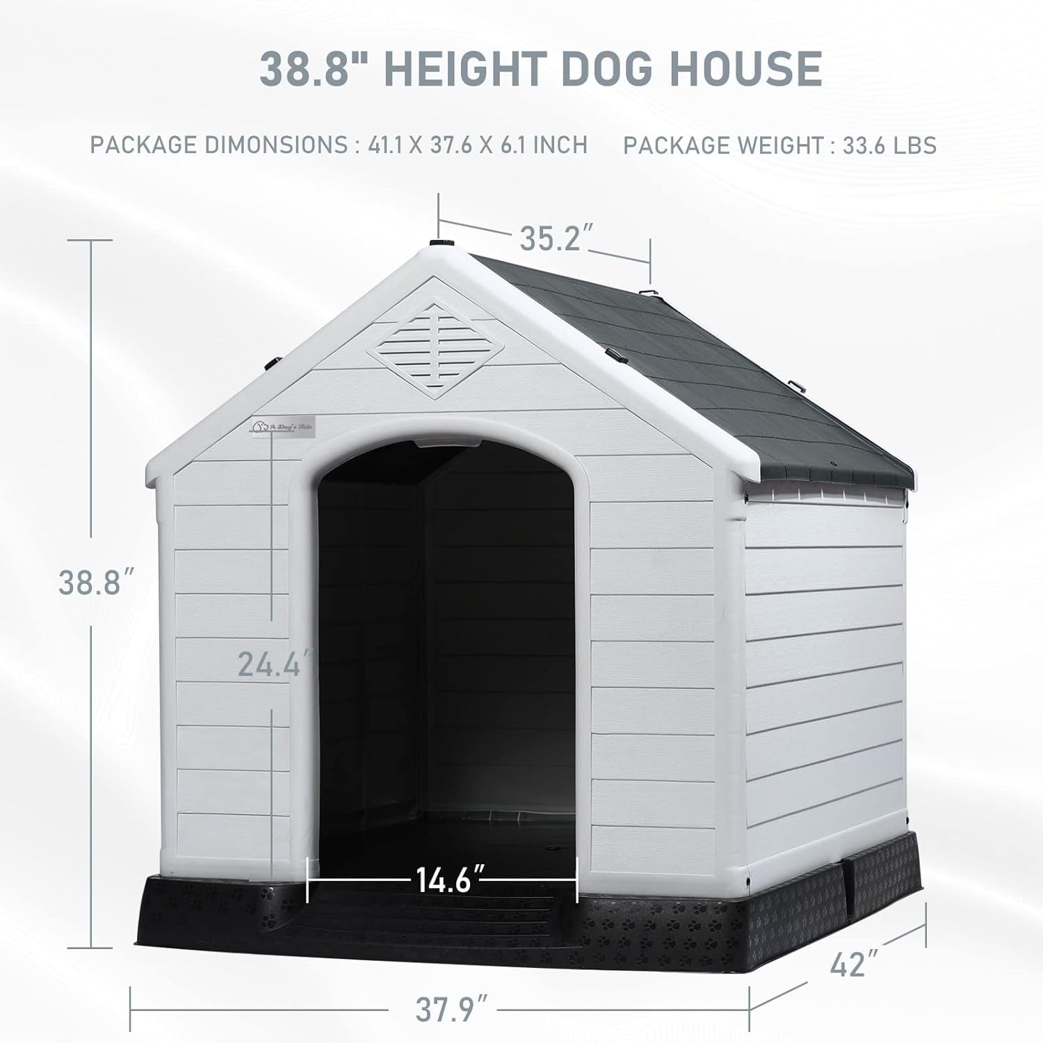 LEMBERI Durable Waterproof Plastic Dog House for Small to Large Sized Dogs, Indoor Outdoor Doghouse Puppy Shelter with Elevated Floor, Easy to Assemble (Gray, 42''L*38''W*39''H)