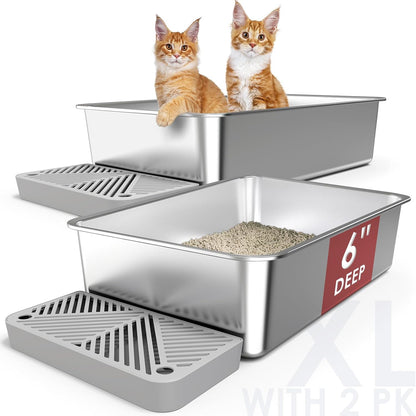 2 Pack 23.6" X 16" X 6" Deep & Extra Large Stainless Steel Cat Litter Boxes, High Sides Metal Cat Litter Box for Multi-Cats Big Cats XL Metal Litter Pan Tray, Non-Sticky, Easy Cleaning