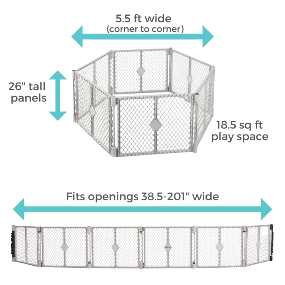 Toddleroo by North States Superyard 6 Panel Baby Play Yard. Playpen or Extra Wide Baby Gate, Wall Mount Kit Included. Made in USA. 38.5" - 201" Wide, 5.5 Ft Corner to Corner Play Yard (26" Tall, Gray)