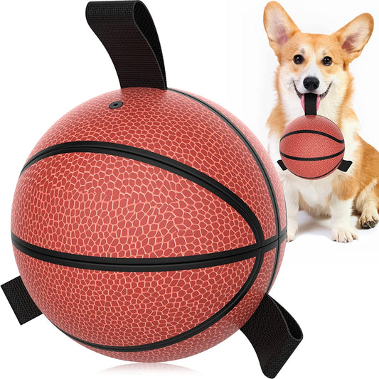 Dog Toys Basketball with Straps, Interactive Dog Toys for Tug of War, Puppy Birthday Gifts, Dog Tug Toy, Dog Water Toy, Durable Dog Balls for Small & Medium Dogs（6 Inch）