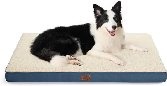 Bedsure Large Dog Crate Bed - Big Orthopedic Waterproof Dog Beds with Removable Washable Cover for Large Dogs, Egg Crate Foam Pet Bed Mat, Suitable for Dogs up to 75 Lbs, Denim Blue