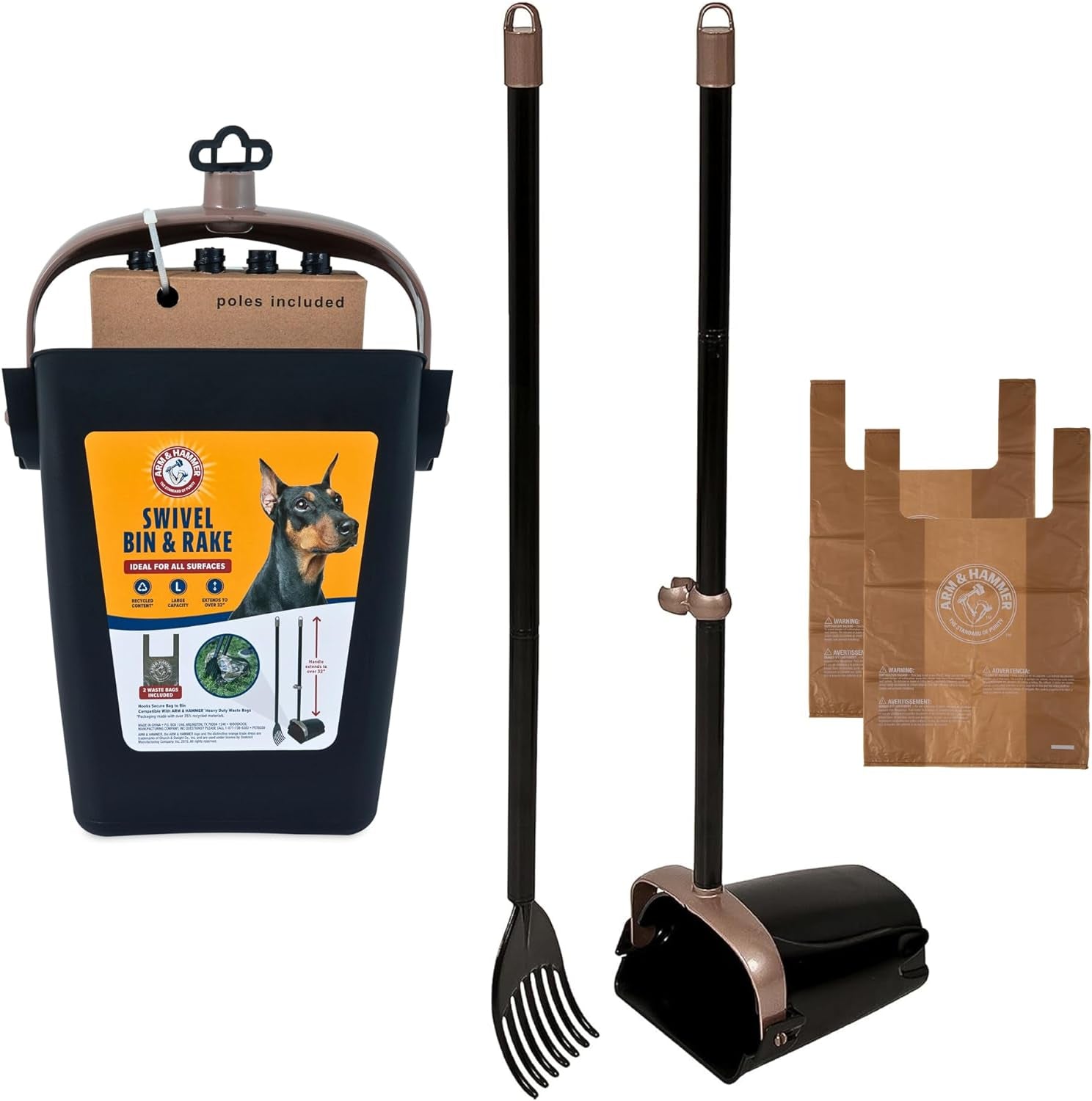 Arm & Hammer Pooper Scooper Swivel Bin & Rake Dog Poop Scooper, Black (2 Scented Waste Bags Included)