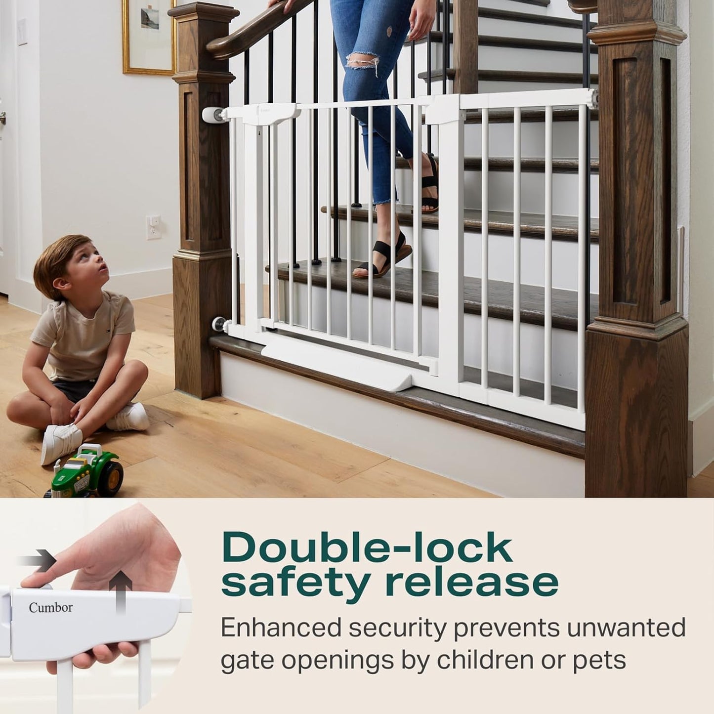 Cumbor 29.7-46" Baby Gate for Stairs, Mom's Choice Awards Winner-Auto Close Dog Gate for the House, Easy Install Pressure Mounted Pet Gates for Doorways, Easy Walk Thru Wide Safety Gate for Dog, White