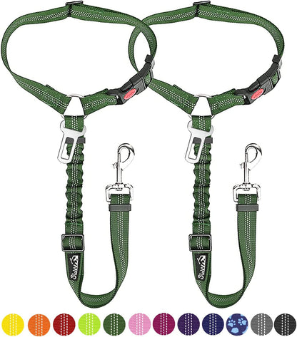 Slowton Dog Seat Belt, 2 in 1 Dog Car Leash Seatbelts 2 Pack Adjustable Puppy Safety Harness Seat Belt with Elastic Bungee Buffer, Reflective Seatbelt Tether for Dogs (Green-Dual Use)