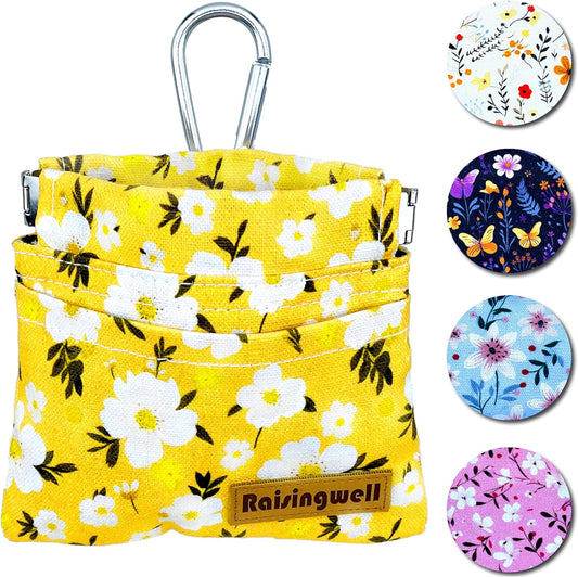 Dog Treat Pouch, Pocket Sized Pet Training Pouch, Cotton Fabric, Hand Free Yellow Flower Dog Walking Bag with Carabiner, Self-Closing Pet Feed Snack Reward, for Puppy Travel or Outdoor Use