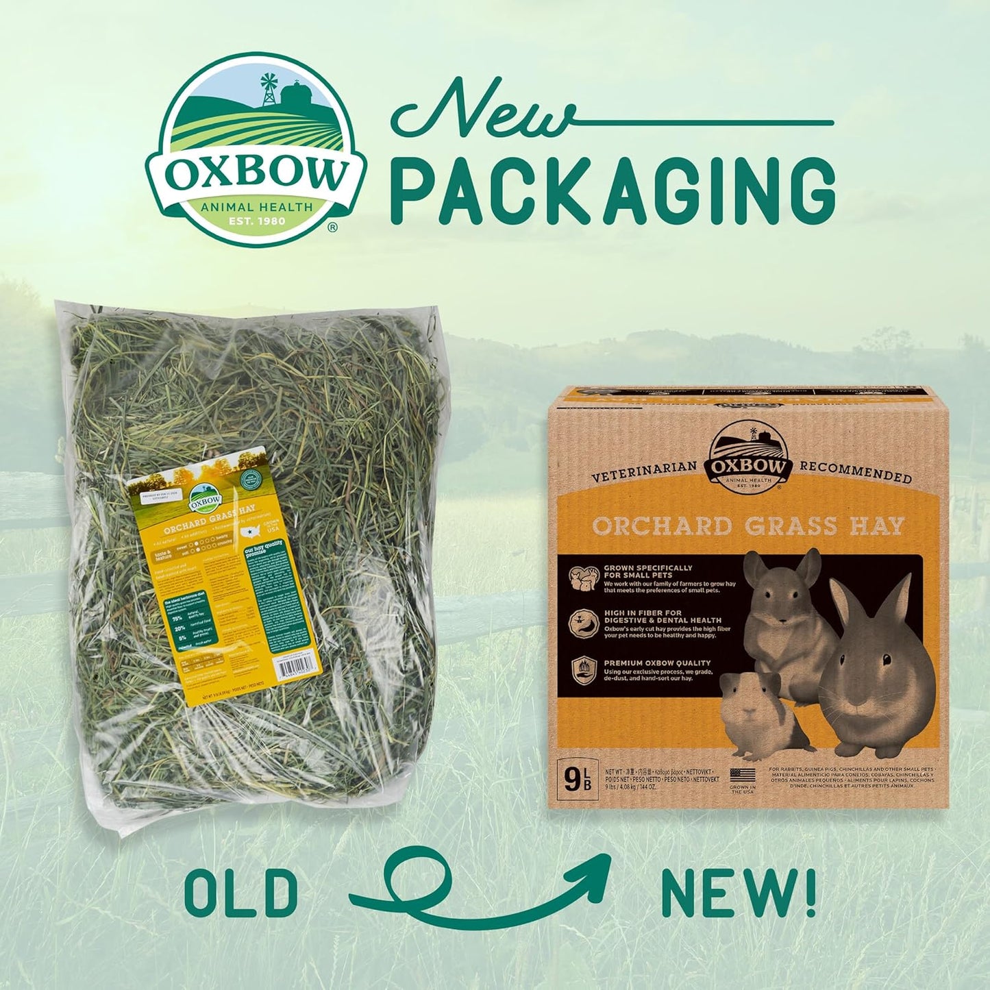 Oxbow Animal Health Orchard Grass Hay - All Natural Grass Hay for Chinchillas, Rabbits, Guinea Pigs, Hamsters, Gerbils & Other Small Pets - Fiber Rich- Grown in the USA- 9 lb.