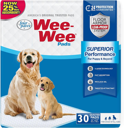 Four Paws Wee-Wee Superior Performance Pee Pads for Dogs - Dog & Puppy Pads for Potty Training - Dog Housebreaking & Puppy Supplies - 22" X 23" (30 Count)