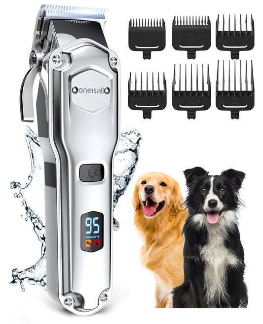 Oneisall Dog Clippers for Grooming for Thick Heavy Coats/Low Noise Rechargeable Waterproof Cordless Pet Shaver with Stainless Steel Blade for Dogs and Animals