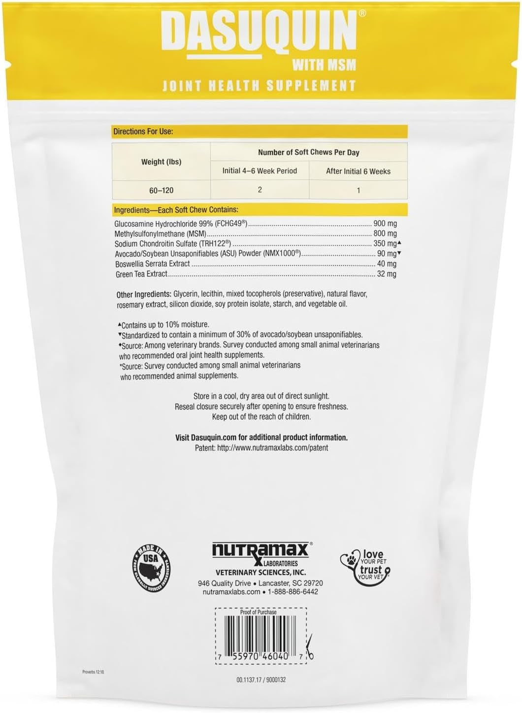 Nutramax Laboratories Dasuquin with MSM Joint Health Supplement for Large Dogs - with Glucosamine, MSM, Chondroitin, ASU, Boswellia Serrata Extract, and Green Tea Extract, 150 Soft Chews