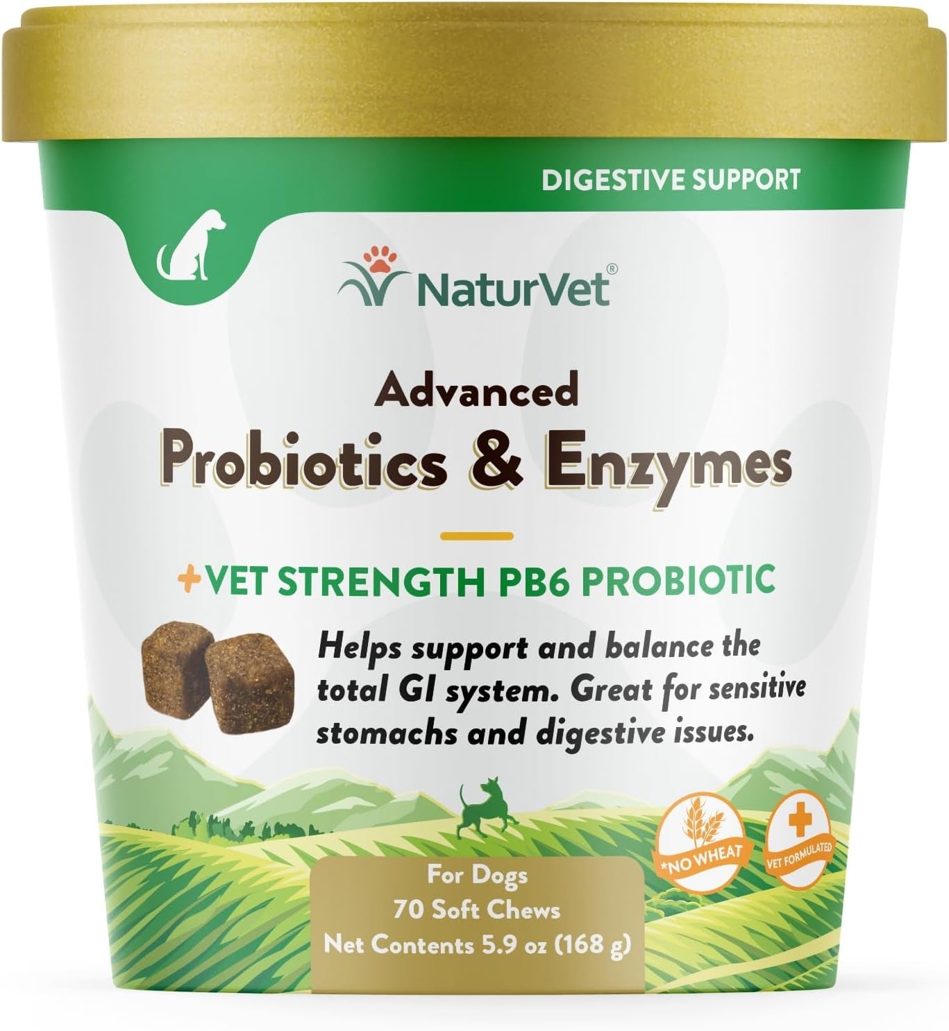 Naturvet Advanced Probiotics and Enzymes Supplement, plus Vet Strength PB6 Probiotic, Soft Chews, Made in the USA with Globally Source Ingredients 70 Soft Chews