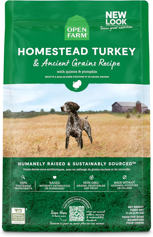 Open Farm Ancient Grains Dry Dog Food, Humanely Raised Meat Recipe with Wholesome Grains and No Artificial Flavors or Preservatives (Homestead Turkey Ancient Grain, 11 Pound (Pack of 1))