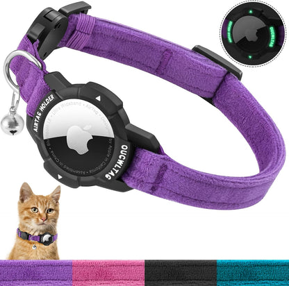 Luminous Airtag Cat Collar Breakaway, OUCWLTAG GPS Cat Collar with Apple Air Tag Holder, Cat Tracker Collars with Safety Elastic Band for Girl Boy Cats, Kittens and Puppies (Purple, 9-13 Inch)