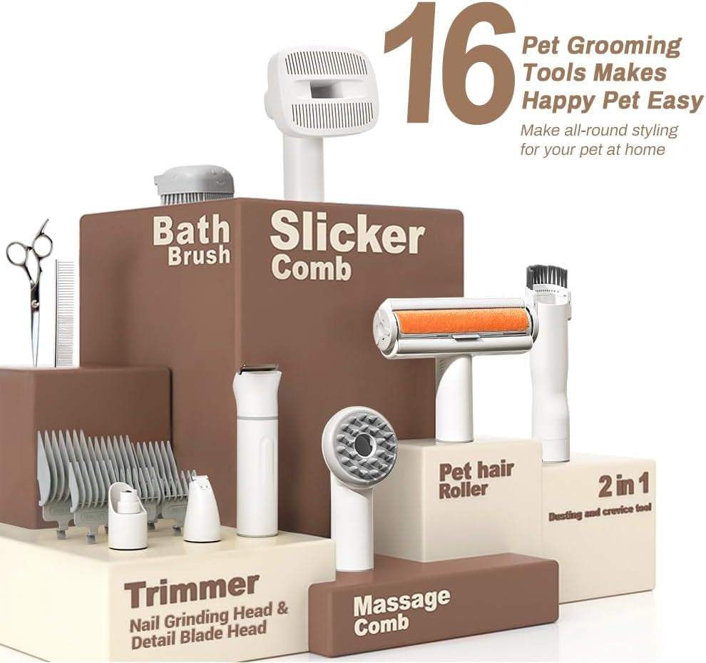 Bunfly Dog Grooming Kit,3L Large Capacity Dust Cup,13000Pa Strong Grooming & Vacuum Suction 99.99% Pet Hair, 15 Pet Grooming Tools for Dogs and Cats, Quiet Pet Vacuum Groomer, Brown