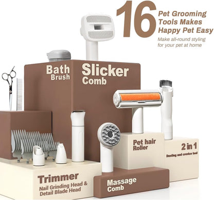 Bunfly Dog Grooming Kit,3L Large Capacity Dust Cup,13000Pa Strong Grooming & Vacuum Suction 99.99% Pet Hair, 15 Pet Grooming Tools for Dogs and Cats, Quiet Pet Vacuum Groomer, Brown