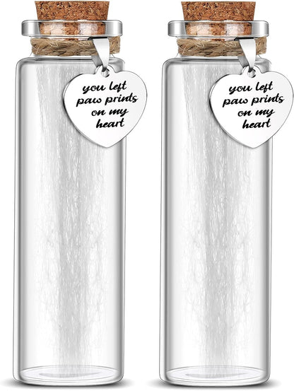 Nuenen 2 Pcs Pet Hair Glass Memorial Bottle Dog Keepsake Memorial Pet Loss Memory Sympathy Gift with Heart Shape Ornaments White Organza Bags Cat Keepsake Glass Vial for Ashes Fur Urn