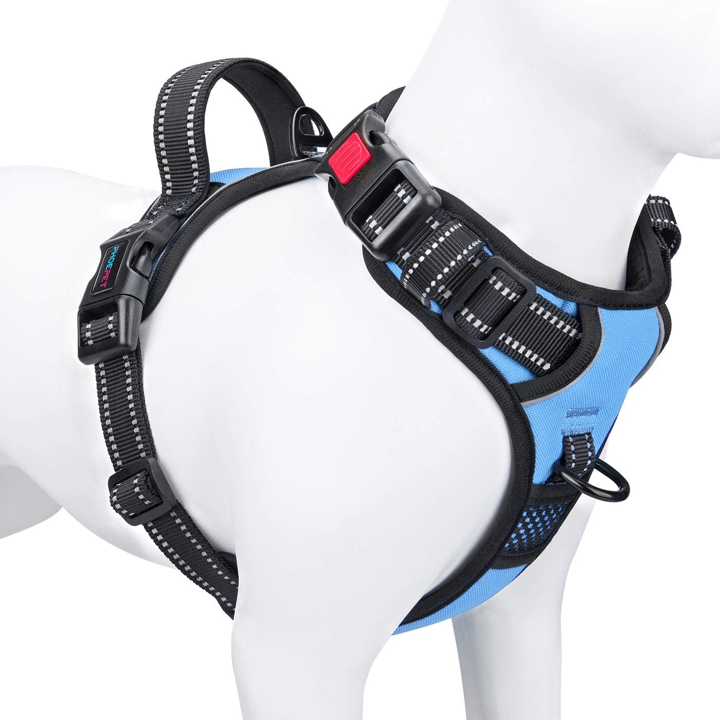 PHOEPET No Pull Dog Harness Reflective Adjustable Vest with a Training Handle, Name ID Pocket, 2 Metal Leash Hooks, 3 Snap Buckles [Easy to Put on & Take Off](Xs, Baby Blue)