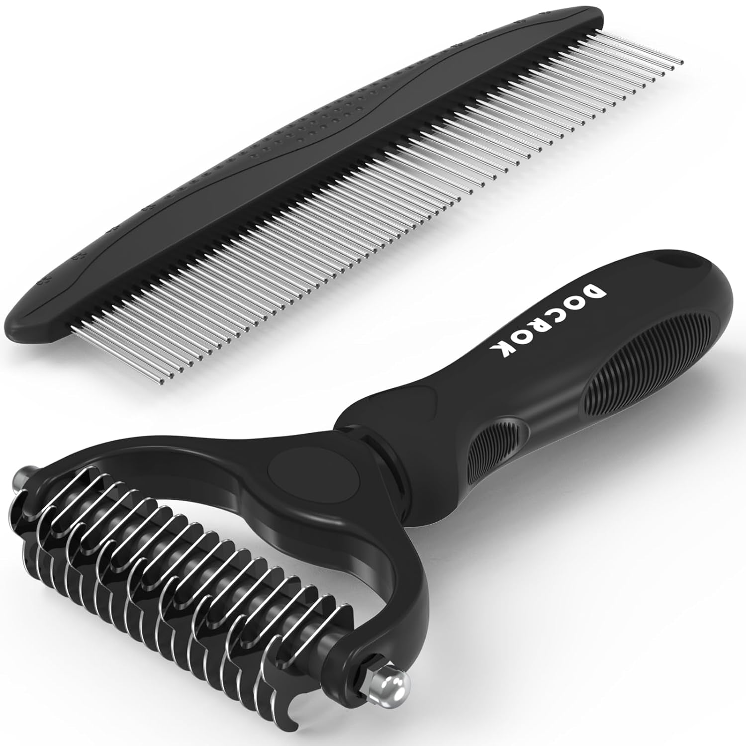 Pet Grooming Brush and Metal Comb Combo, Cat Brush Dog Brush for Shedding, Undercoat Rake for Dogs Grooming Supplies, Dematting Deshedding Brush Dogs Shedding Tool for Long Matted Haired Pets, Black