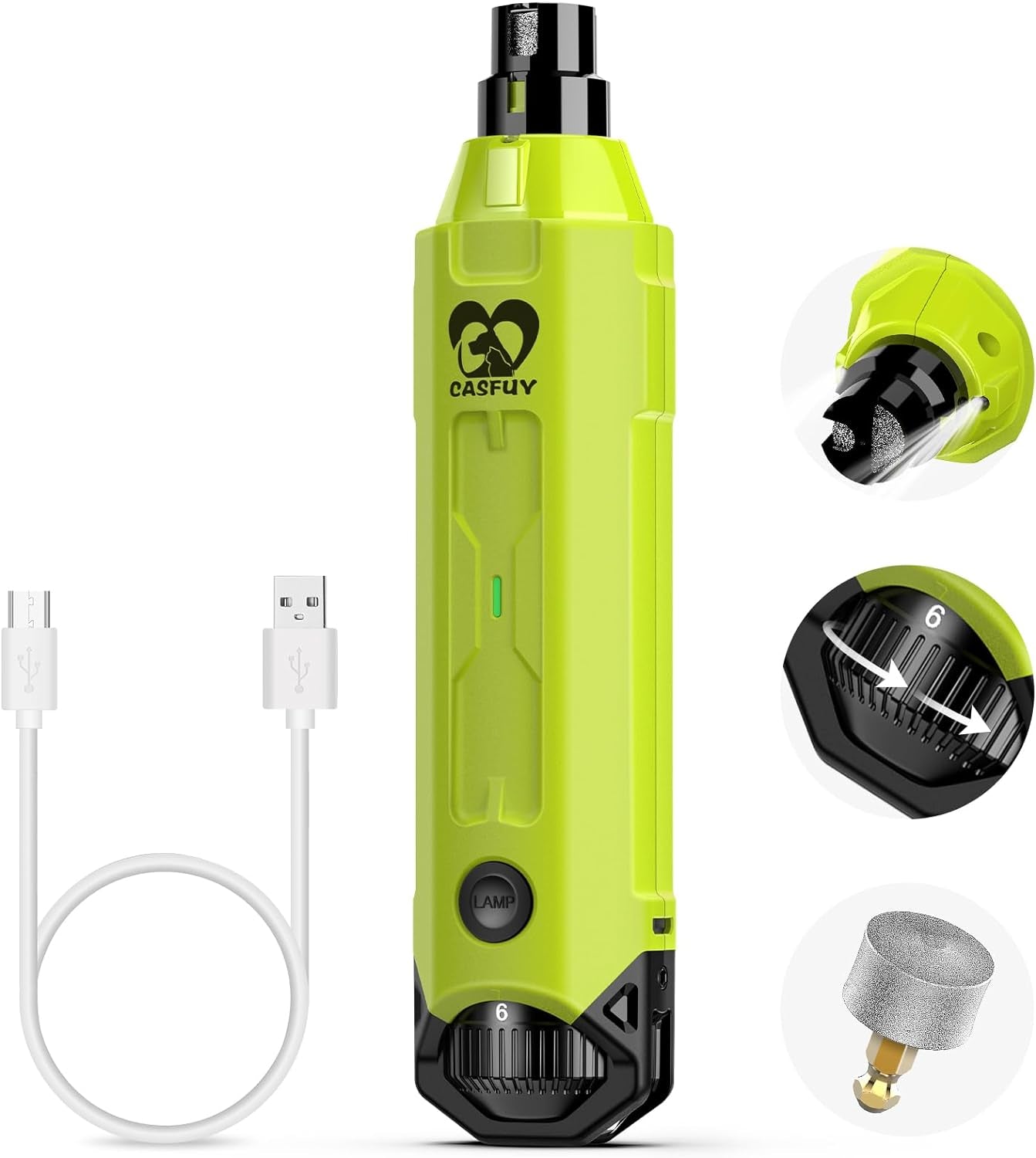 Casfuy 6-Speed Dog Nail Grinder with 2 LED Lights- Newest Pet Nail Grinder Rechargeable Quiet Electric Dog Nail Trimmer for Large Medium Small Dogs Painless Paws Grooming & Smoothing Tool (Green)