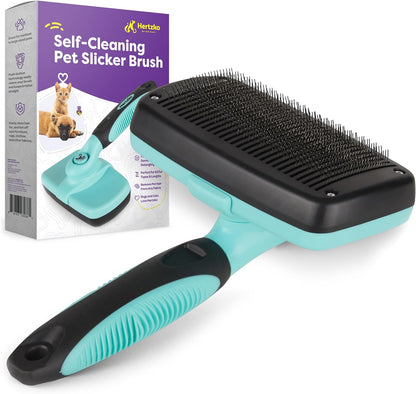 Hertzko Dog & Cat Brush, Dog Brush for Shedding, Cat & Dog Grooming, Self Cleaning Slicker Brush for Pets, Grooming Brushes for Long Short Haired Dogs Cats, Deshedding Brush, Rake, Comb - Aqua