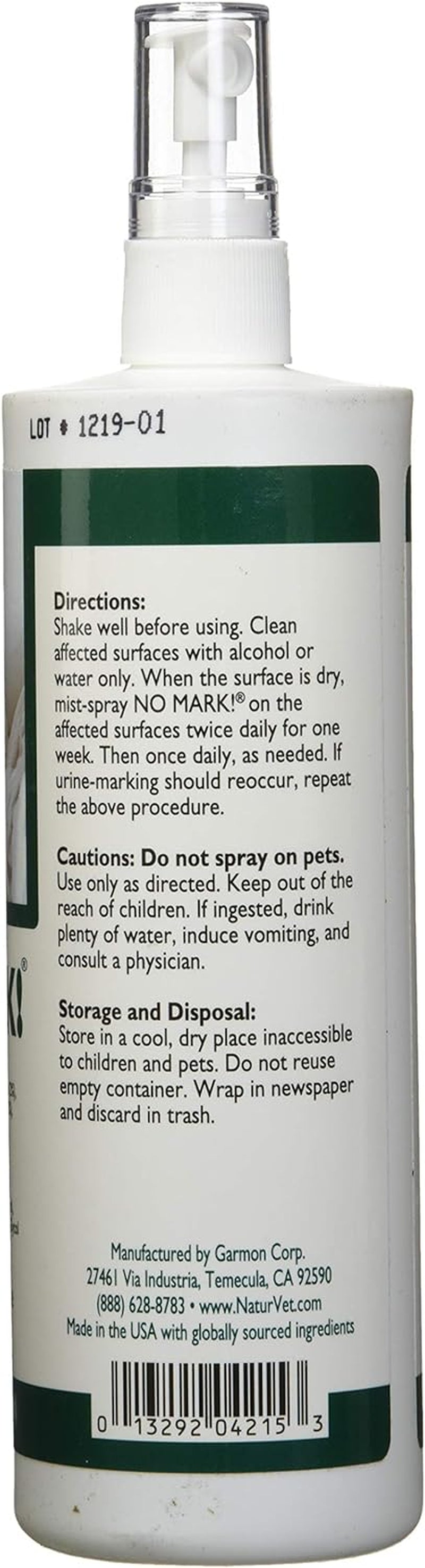 Naturvet Pet Organics No Mark Cat Spray – Helps Deter Cats from Urine Marking – for Indoor/Outdoor Use, Housetraining – Simulated Pheromones, Mist Sprayer – 16 Fl. Oz.