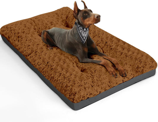 Deluxe Washable XL Dog Bed Dog Crate Mat 42 Inch Comfy Fluffy Kennel Pad Anti-Slip for Dogs up to 90 Lbs, 42" X 28", Brown