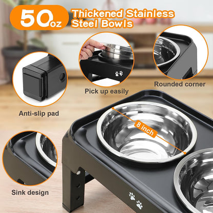 Elevated Dog Bowls for Small Medium Dogs 3 Height Adjustable Raised Dog Bowl Stand with 2 Thick 6" Stainless Steel Dog Food Bowls Non-Slip Dog Feeder Adjusts to 2.75", 6", 7.5", Black