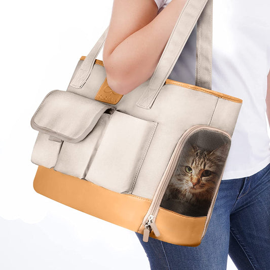 Dog Carrier, Cat Carrier, Pet Carrier, Foldable Waterproof Premium PU Leather Oxford Cloth Dog Purse, Portable Tote Bag Carrier for Small to Medium Cats and Small Dogs