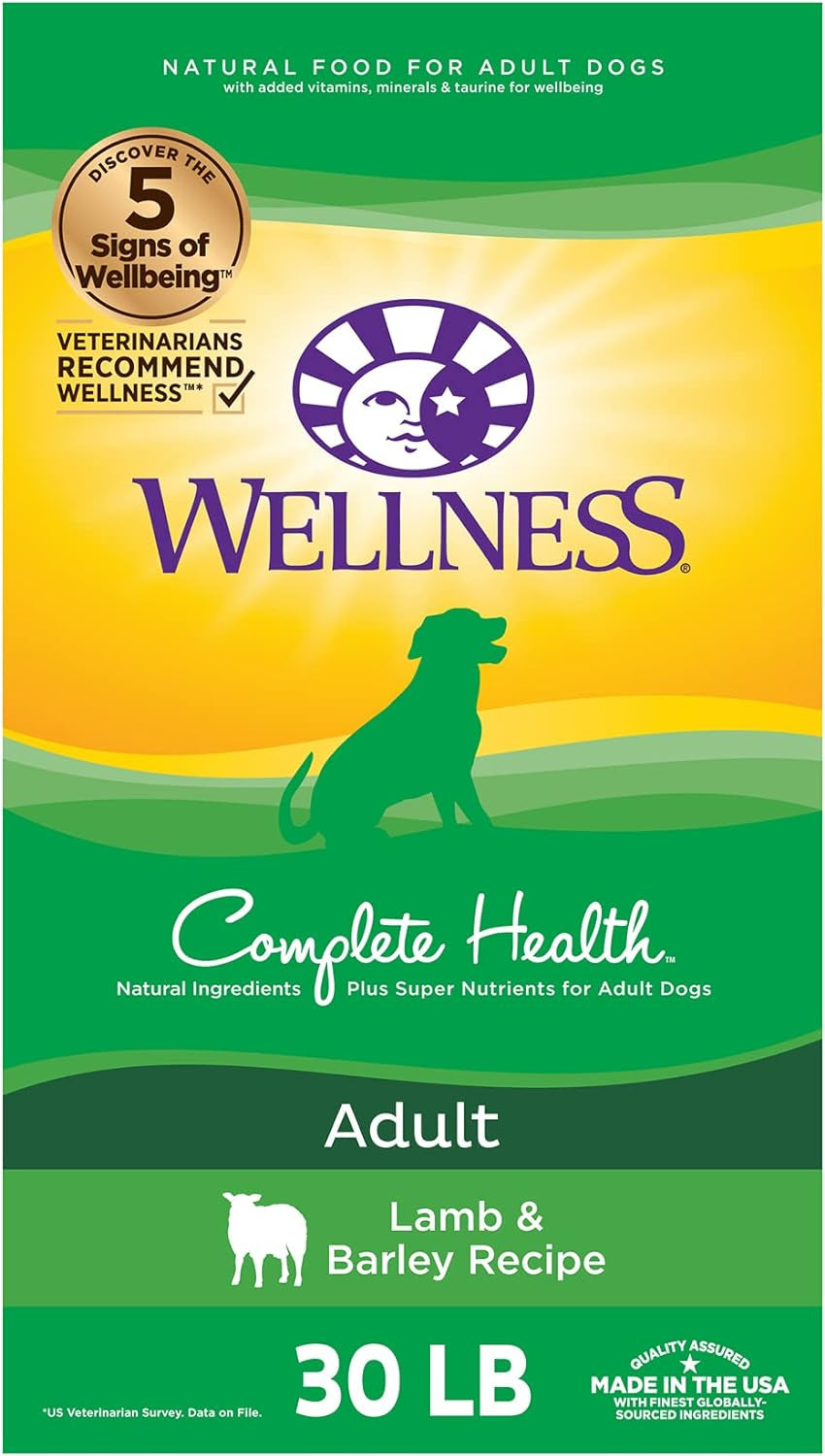 Wellness Complete Health Dry Dog Food with Grains, Made in USA with Real Meat & Natural Ingredients, All Breeds, Adult Dogs (Lamb & Barley, 30-Lb) – with Nutrients for Immune, Skin, & Coat Support, 30.00 Pound (Pack of 1)