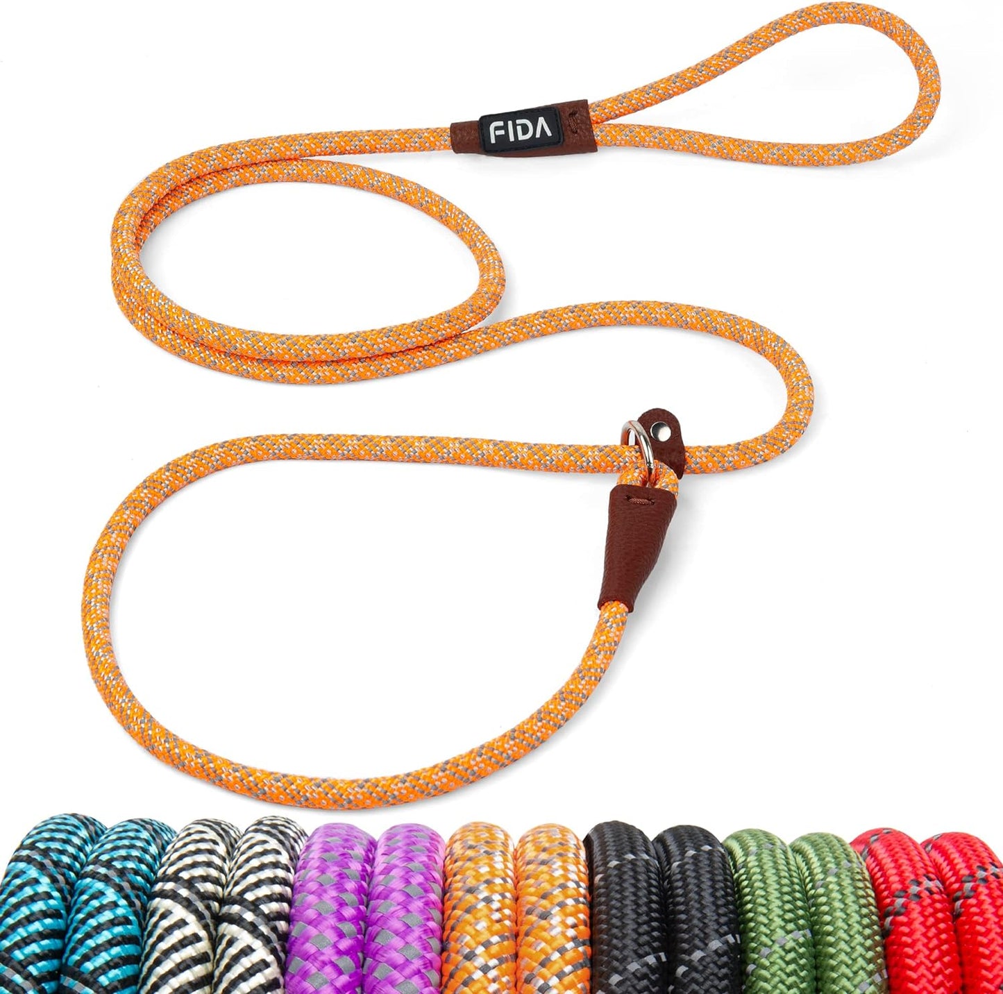 Fida Durable Slip Lead Dog Leash, 6 FT X 3/8" Heavy Duty Dog Loop Leash, Comfortable Strong Rope Slip Leash for Small Dogs and Puppies, No Pull Pet Training Leash with Highly Reflective (3/8", Orange)
