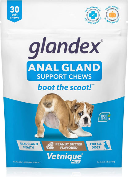 Glandex Anal Gland Soft Chew Treats with Pumpkin for Dogs Digestive Enzymes, Probiotics Fiber Supplement for Dogs Boot the Scoot (Peanut Butter Chews, 30Ct)