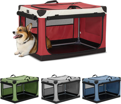 Petsfit 30 Inch Foldable Dog Crate, Adjustable Fabric Cover by Spiral Iron Pipe, Chew Proof 3 Door Design, Portable Collapsible Dog Kennel Red