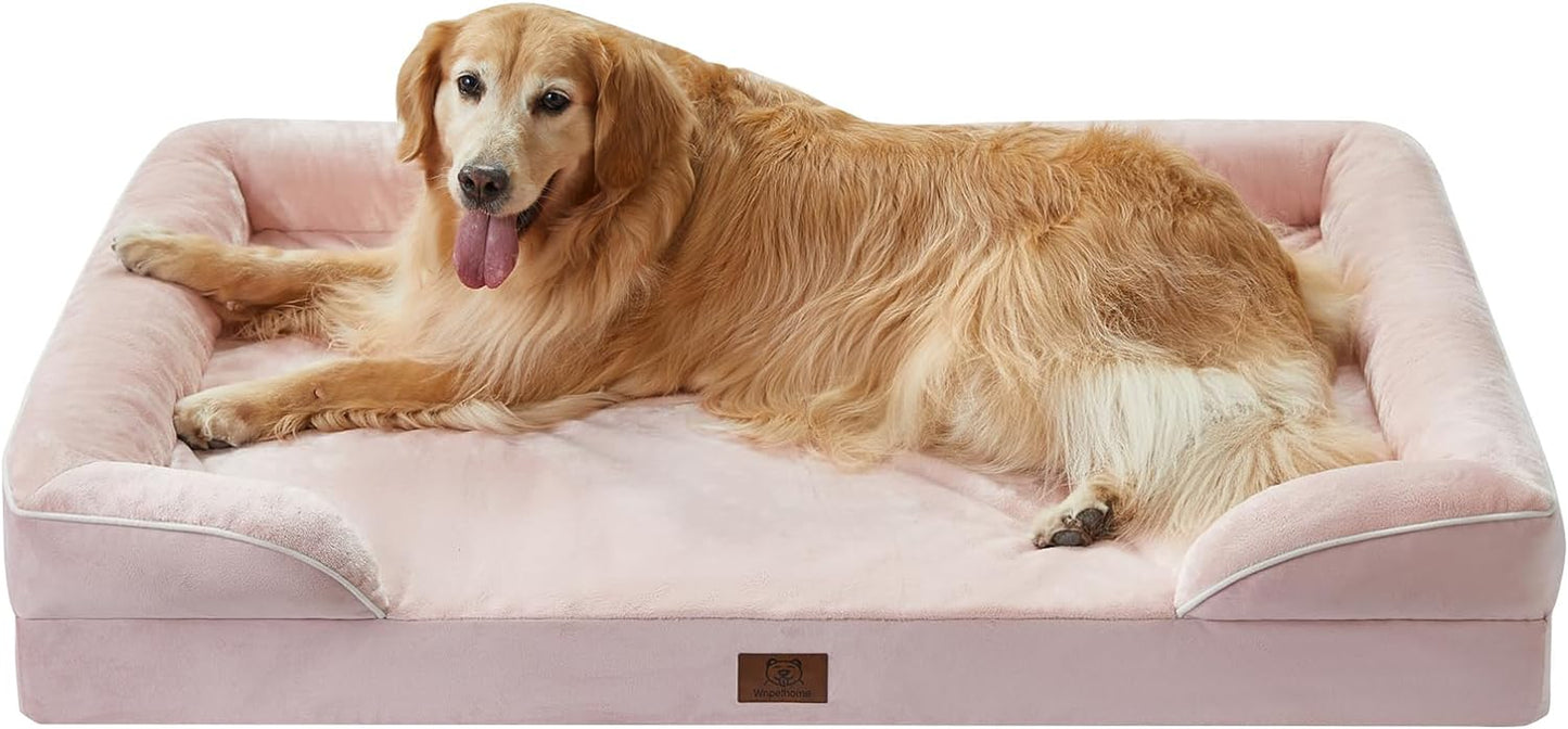 WNPETHOME Waterproof Dog Beds for Jumber Dogs, Orthopedic Xxlarge Dog Bed with Sides, Big Dog Couch Bed with Washable Removable Cover, Pet Bed Sofa with Non-Slip Foam for Sleeping Pink