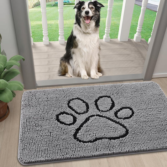 Smiry Dog Door Mat for Muddy Paws, Absorbent Dirt Trapper Non-Slip Washable Mat, Quick Dry Chenille, Mud Mat for Dogs, Entry Indoor Door Mat for inside Floor (24X16 Inches, Grey)