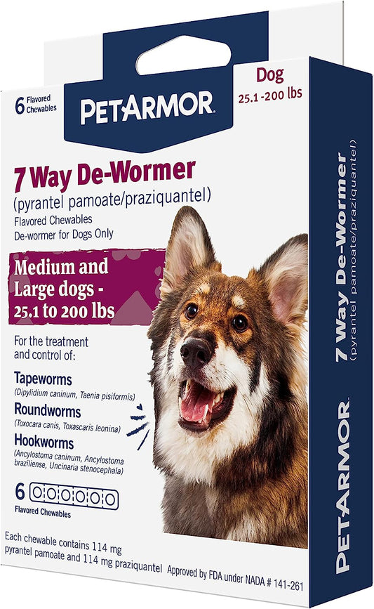 Petarmor 7 Way De-Wormer for Dogs, Oral Treatment for Tapeworm, Roundworm & Hookworm in Large Dogs & Puppies (Over 25 Lbs), Worm Remover (Praziquantel & Pyrantel Pamoate), 6 Flavored Chewables