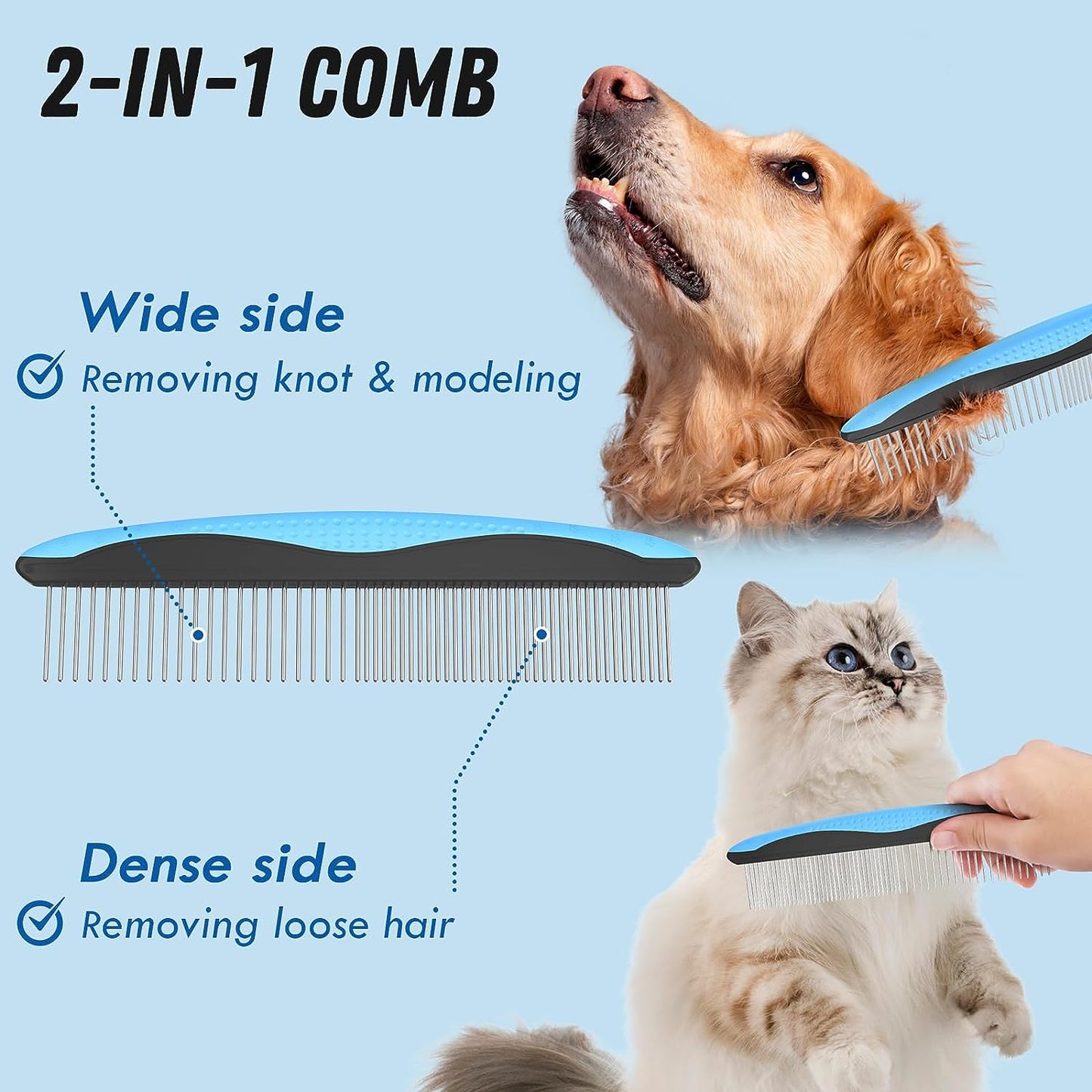 Pet Grooming Brush and Metal Comb Combo, Cat Brush Dog Brush for Shedding, Undercoat Rake for Dogs Grooming Supplies, Dematting Deshedding Brush Dogs Shedding Tool for Long Matted Haired Pets, Blue