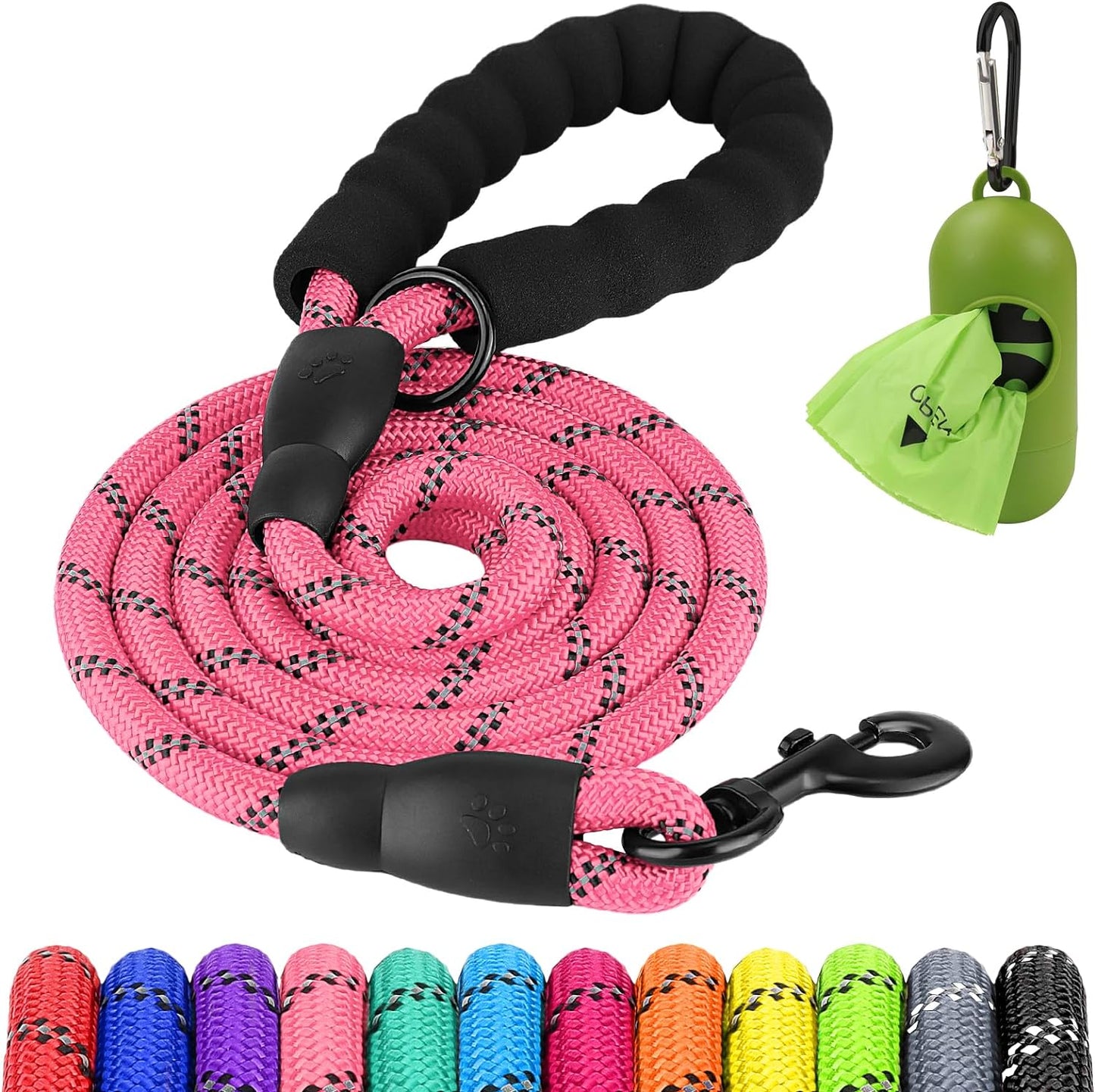 Joytale 6/5/4 FT Leashes for Small Medium Breed Dogs, Heavy Duty Nylon Braided Rope Dog Leash, Comfortable Padded Handle Strong Leashes with Poop Bags and Dispenser, Pink, 5'×3/8''