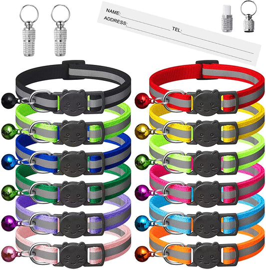 14 Pack Reflective-Breakaway Cat Collars with Bells,Safety Buckle Kitten Collar,With Name Tag,Adjustable,Ideal for Girl Cats Male Cats,Pet Supplies,Stuff,Accessories(12 Colors & 2 ID Tags).