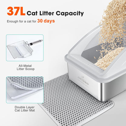 Stainless Steel Litter Box | XL Enclosed Cat Litter Box with Lid for Big Cats | High Sided, Anti-Urine Leakage | Non-Stick Bottom & Includes Litter Mat & Metal Scoop