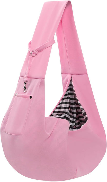 Dog Carrier Sling - Reversible Puppy Carrier Purse with Storage Pocket, Hand-Free Dog Sling Carrier for Carry Small Dogs and Cats，Travel Safety Harness, Dog and Cat Harness (Pink)