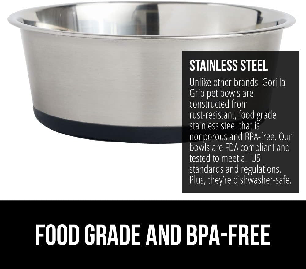 Gorilla Grip Stainless Steel Metal Dog Bowl Set of 2, Rubber Base, Heavy Duty, Rust Resistant, Food Grade BPA Free, Less Sliding, Quiet Pet Bowls for Cats and Dogs, Holds 6 Cups (48 Fl Oz), Black