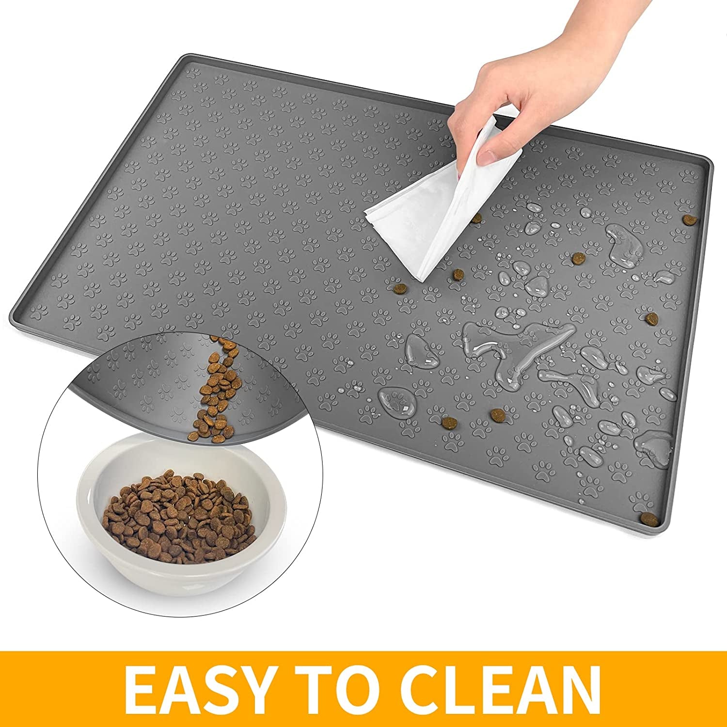 Ptlom Dog Food Mat Anti-Slip Dog Bowl Mats for Food and Water, High-Lips Dog Feeding Mat Waterproof Pet Placemat Prevent Messy Spills to Floor, Silicone Puppy Tray for Small Medium Large Dogs Cats