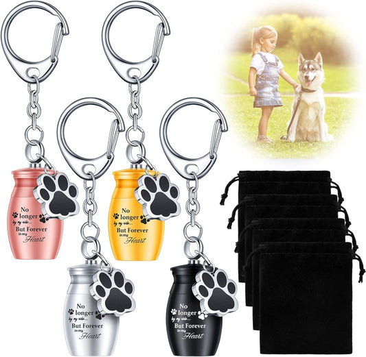 Batiyeer 4 Pack Pet Urns Keychain Pet Urns for Dogs Ashes Keepsake Stainless Steel Small Pet Urns for Dogs Cat Ashes with 4 Black Velvet Storage Bags, Pet Cremation Jewelry Paw Charm (Basic)