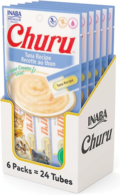 INABA Churu Cat Treats, Grain-Free, Lickable, Squeezable Creamy Purée Cat Treat/Topper with Vitamin E & Taurine, 0.5 Ounces Each Tube, 24 Tubes (4 per Pack), Tuna Recipe