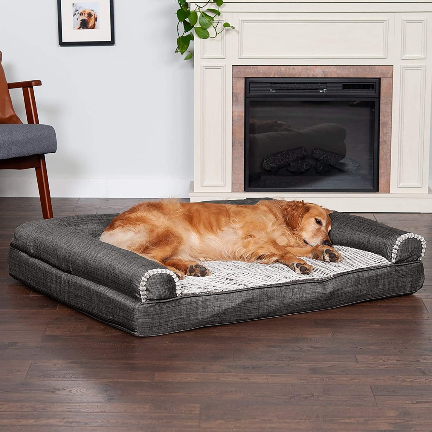 Furhaven Orthopedic Dog Bed for Large/Medium Dogs W/ Removable Bolsters & Washable Cover, for Dogs up to 55 Lbs - Faux Fur & Velvet Sofa - Dark Sage, Large