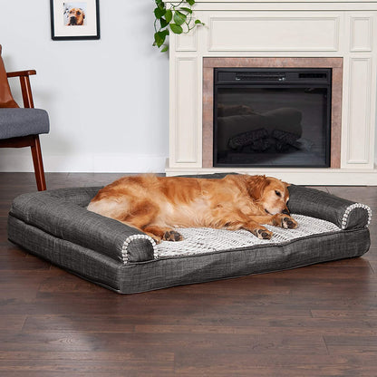 Furhaven Cooling Gel Dog Bed for Medium/Small Dogs W/ Removable Bolsters & Washable Cover, for Dogs up to 35 Lbs - Faux Fur & Velvet Sofa - Smoke Gray, Medium