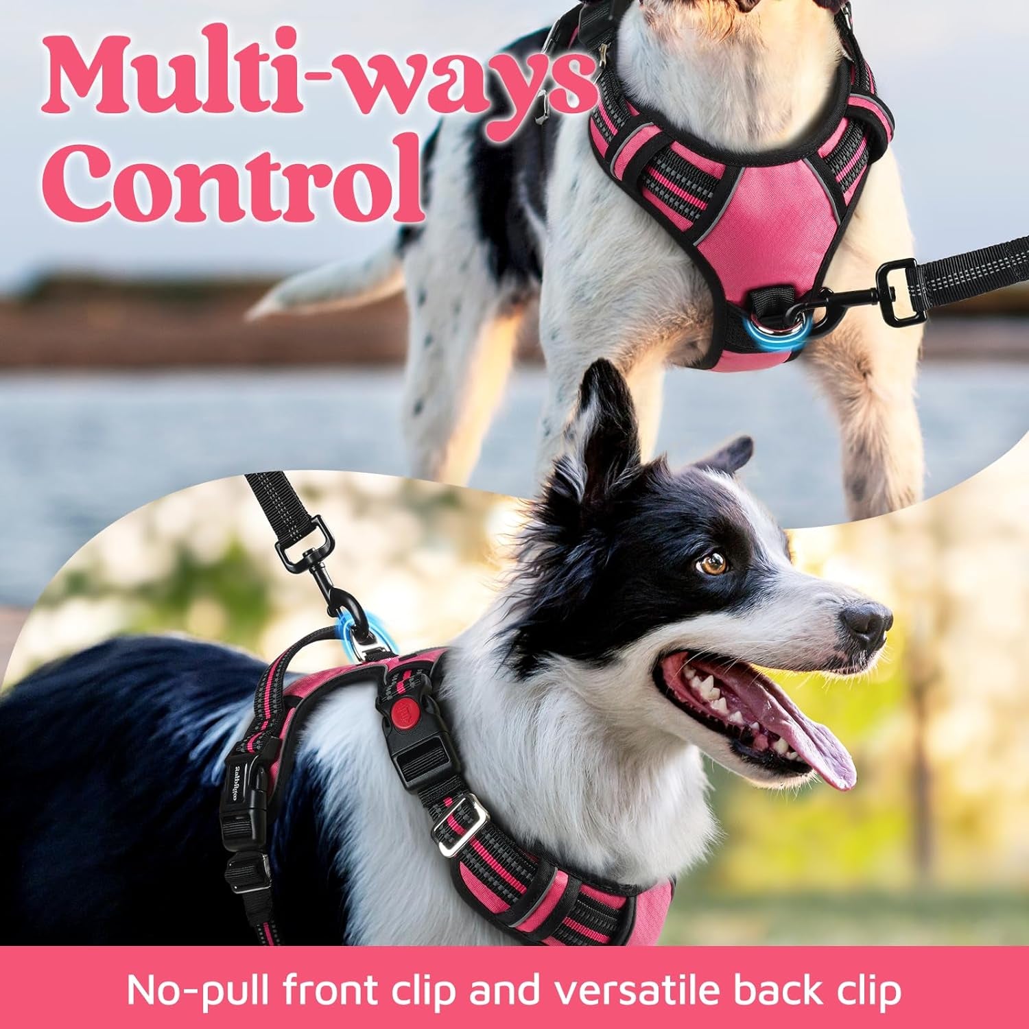 Rabbitgoo Dog Harness Medium Sized, No Pull Dog Vest Harness with 3 Buckles, Adjustable Soft Padded Pet Harness with Easy Control Handle and Reflective Strips, Pink, M