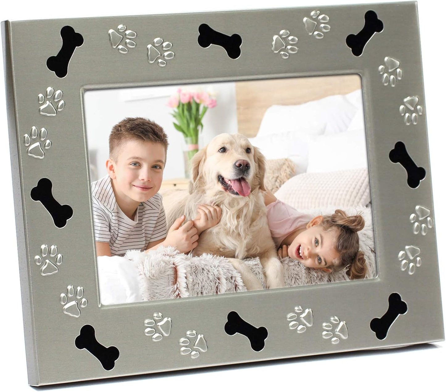 MIMOSA MOMENTS Brushed Silver Metal 6X4 Pet Picture Frame Saying I Love My Dog (Brushed Silver-Dog, 4X6 Horizontal)