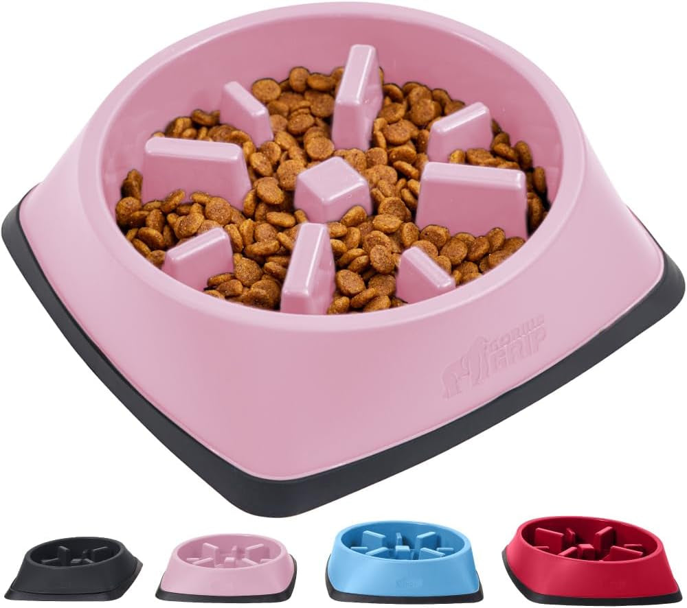 Gorilla Grip Slow Feeder Dog and Cat Bowls, Interactive Puzzle Toy for Dogs and Cats Food Training, Keeps Pets Busy and Prevents Puppy Overeating, Large, Small Breeds, 100% BPA Free, 1 Cup Pink